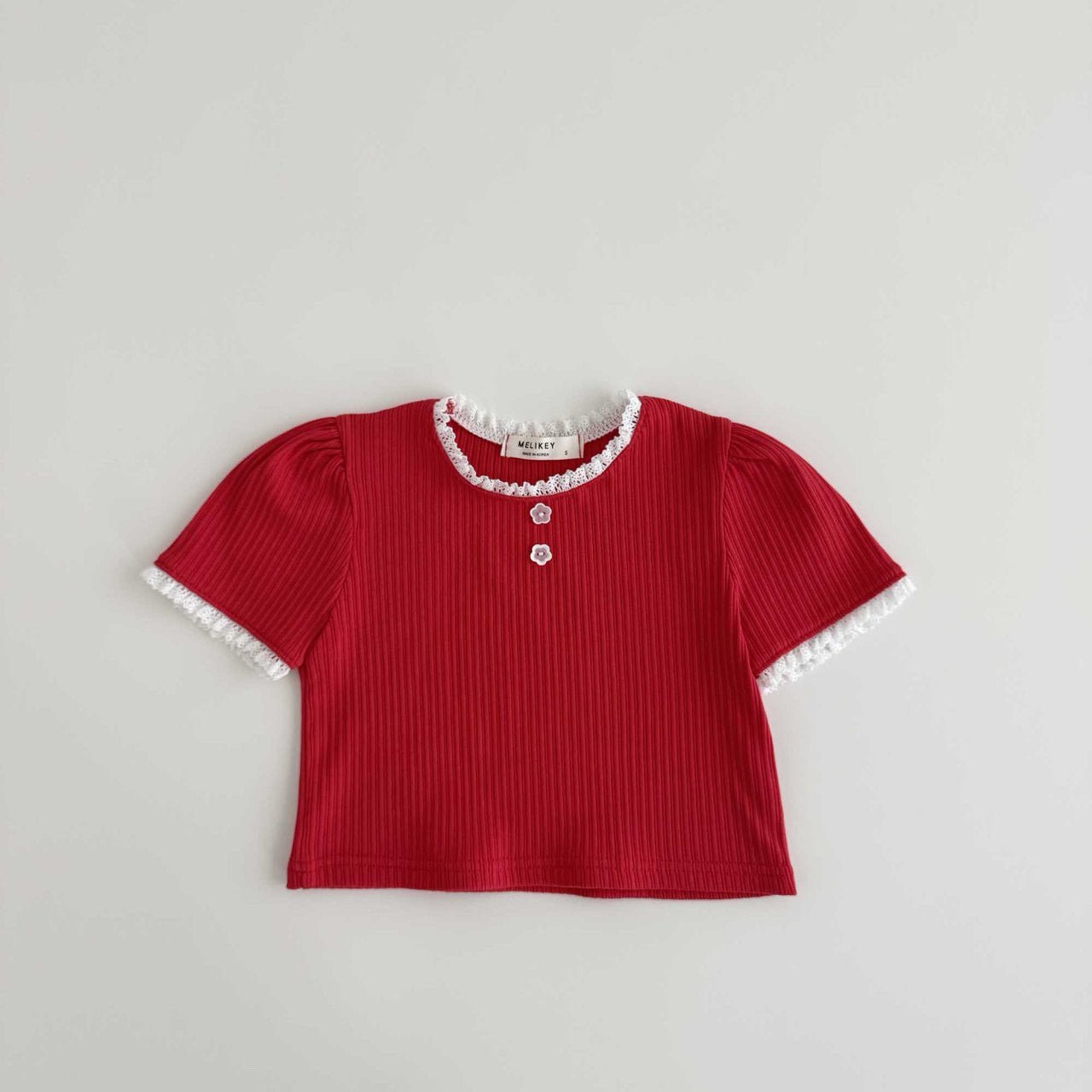 Toddler SS26 Lace Detail Ribbed Short Sleeve Cropped Top (1 - 6y) - Red - AT NOON STORE