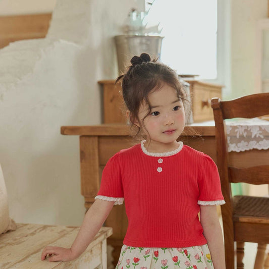 Toddler SS26 Lace Detail Ribbed Short Sleeve Cropped Top (1 - 6y) - Red - AT NOON STORE