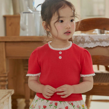Toddler SS26 Lace Detail Ribbed Short Sleeve Cropped Top (1 - 6y) - Red - AT NOON STORE
