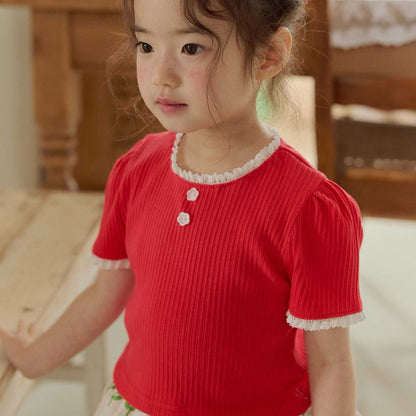 Toddler SS26 Lace Detail Ribbed Short Sleeve Cropped Top (1 - 6y) - Red - AT NOON STORE