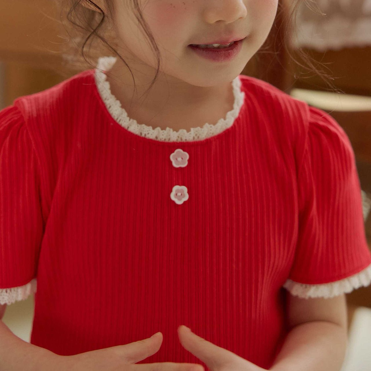 Toddler SS26 Lace Detail Ribbed Short Sleeve Cropped Top (1 - 6y) - Red - AT NOON STORE