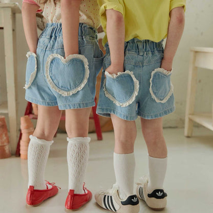 Toddler SS26 Lace Heart Pocket Denim Shorts (1 - 6y) - Denim - AT NOON STORE