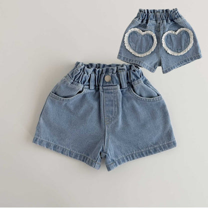 Toddler SS26 Lace Heart Pocket Denim Shorts (1 - 6y) - Denim - AT NOON STORE