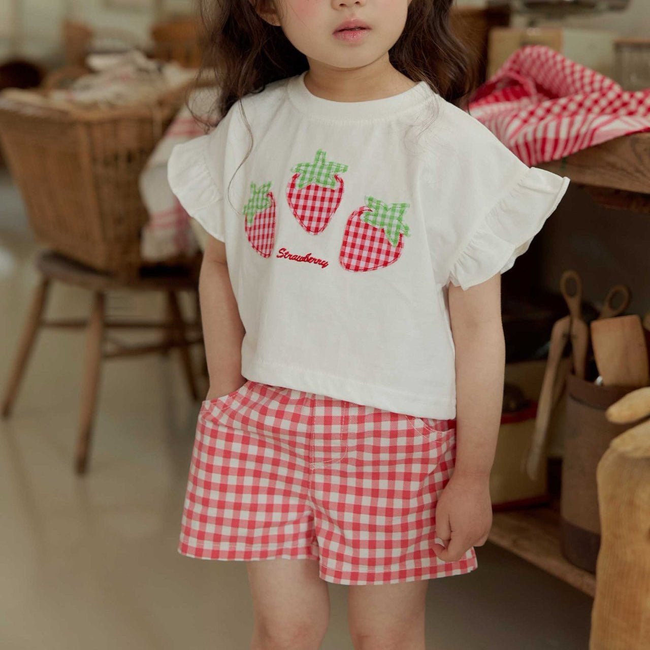 Toddler SS26 Lace Heart Pocket Gingham Shorts (1 - 6y) - Red - AT NOON STORE