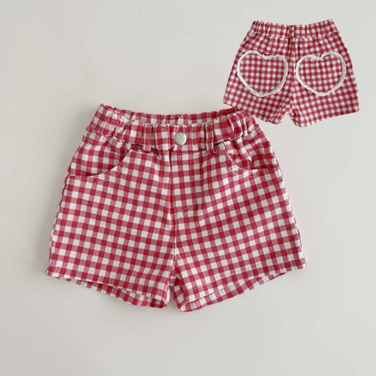 Toddler SS26 Lace Heart Pocket Gingham Shorts (1 - 6y) - Red - AT NOON STORE