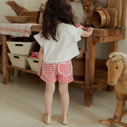 Toddler SS26 Lace Heart Pocket Gingham Shorts (1 - 6y) - Red - AT NOON STORE
