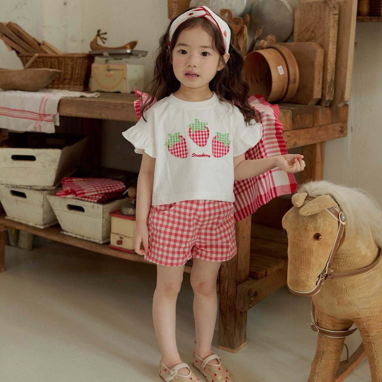 Toddler SS26 Lace Heart Pocket Gingham Shorts (1 - 6y) - Red - AT NOON STORE
