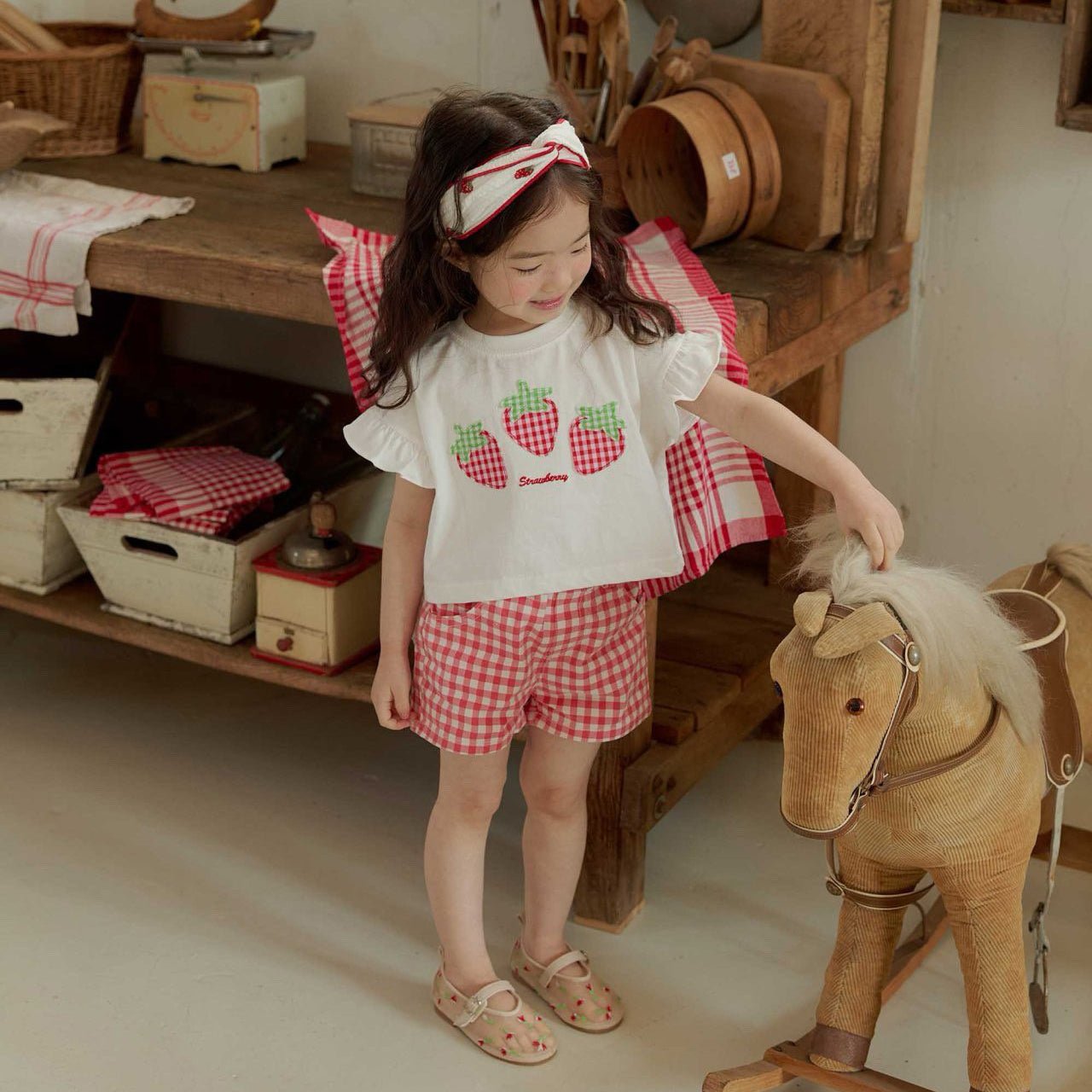 Toddler SS26 Lace Heart Pocket Gingham Shorts (1 - 6y) - Red - AT NOON STORE