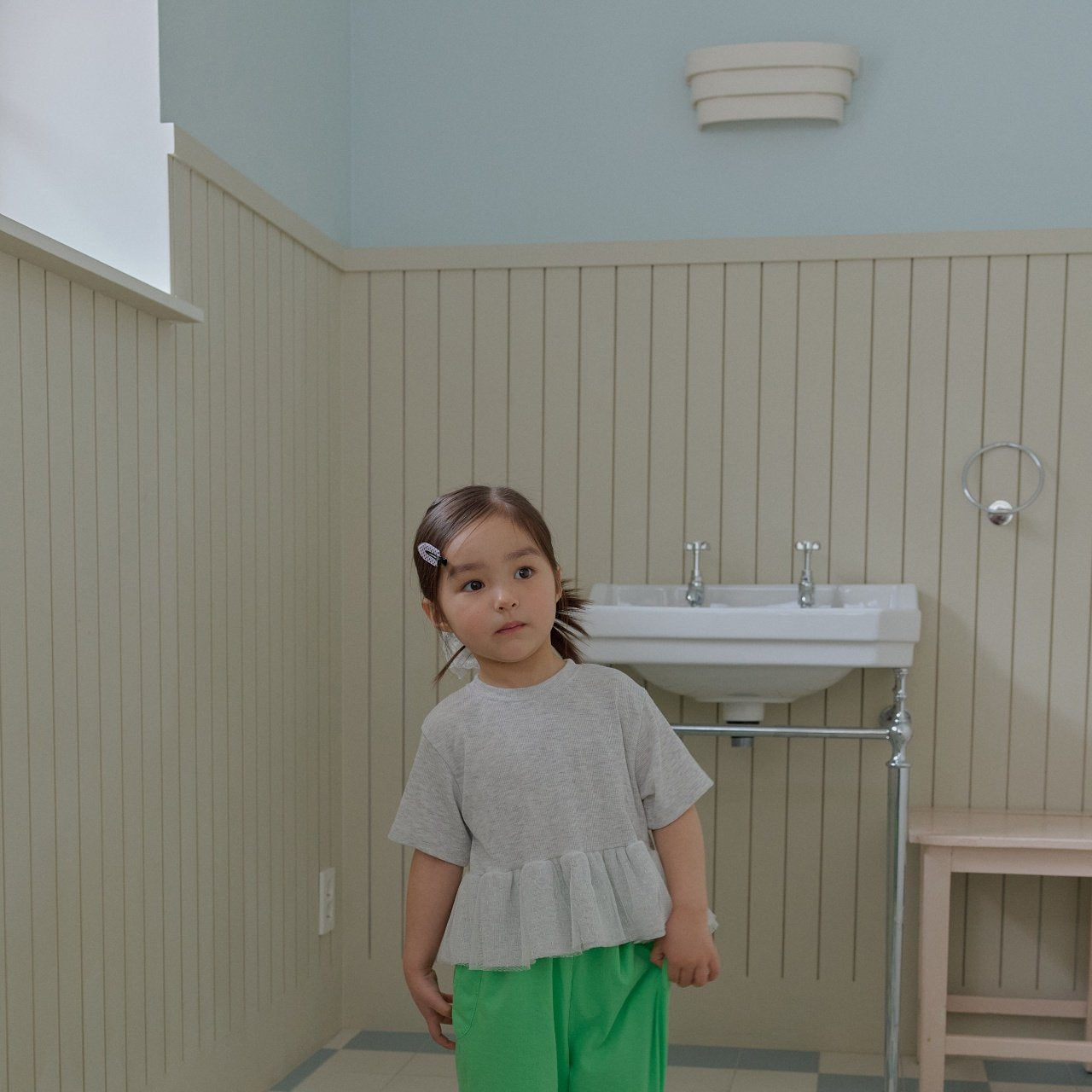 Toddler SS26 Ribbed Lace Peplum Top (2 - 7y) - Heather Gray - AT NOON STORE