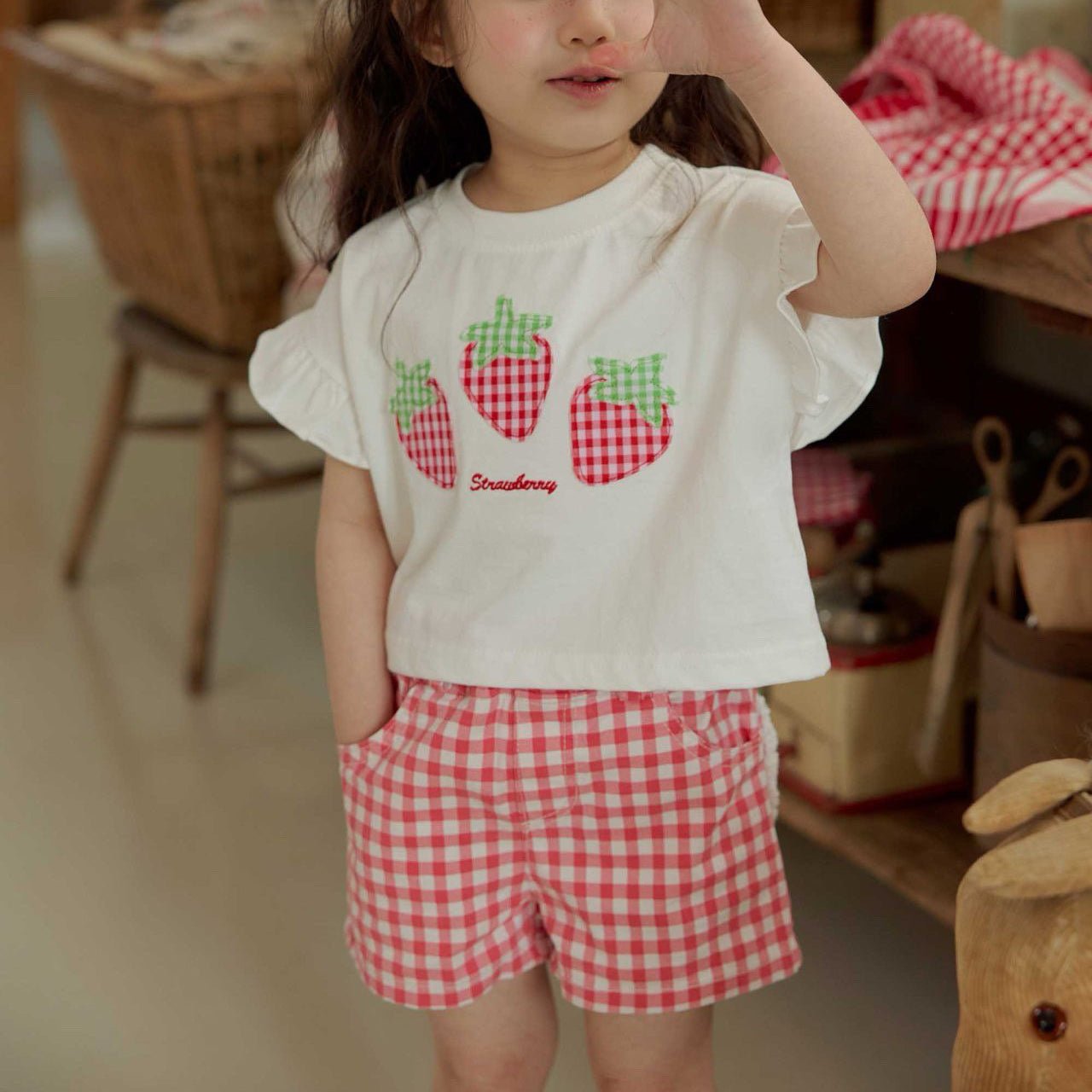 Toddler SS26 Strawberry Patch Ruffle Sleeve Cropped Top (1 - 6y) - 2 Colors - AT NOON STORE