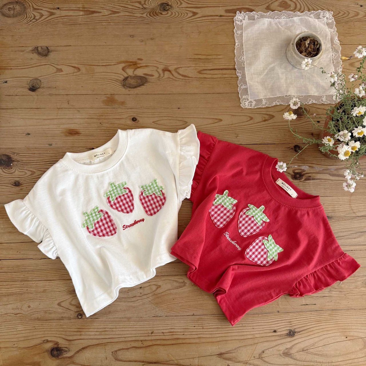 Toddler SS26 Strawberry Patch Ruffle Sleeve Cropped Top (1 - 6y) - 2 Colors - AT NOON STORE