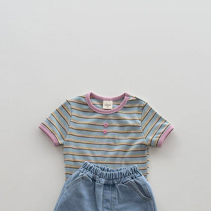 Toddler SS26 Stripe Ribbed Short Sleeve Top (12m - 7y) - Sky Blue kids outfit