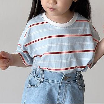 Toddler SS26 Stripe Short Sleeve Top (1 - 9y) - Sky Blue kids outfit