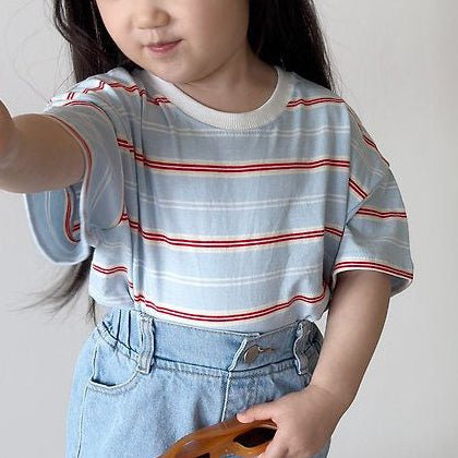 Toddler SS26 Stripe Short Sleeve Top (1 - 9y) - Sky Blue kids outfit
