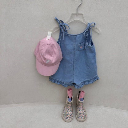 Toddler SS26 Tie Shoulder Heart Embroidery Ruffle Hem Shortalls (1-5y) - 2 Colors kids outfit