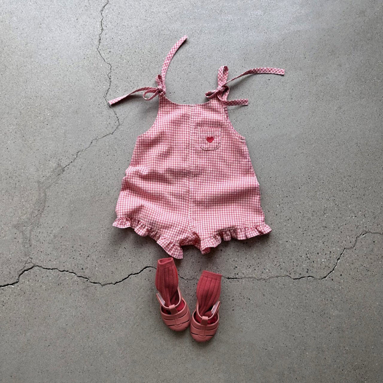 Toddler SS26 Tie Shoulder Heart Embroidery Ruffle Hem Shortalls (1-5y) - 2 Colors kids outfit