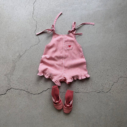 Toddler SS26 Tie Shoulder Heart Embroidery Ruffle Hem Shortalls (1-5y) - 2 Colors kids outfit