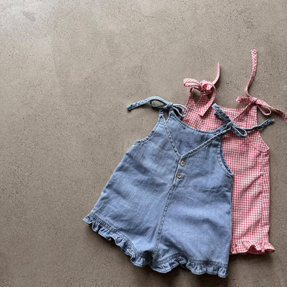 Toddler SS26 Tie Shoulder Heart Embroidery Ruffle Hem Shortalls (1-5y) - 2 Colors kids outfit