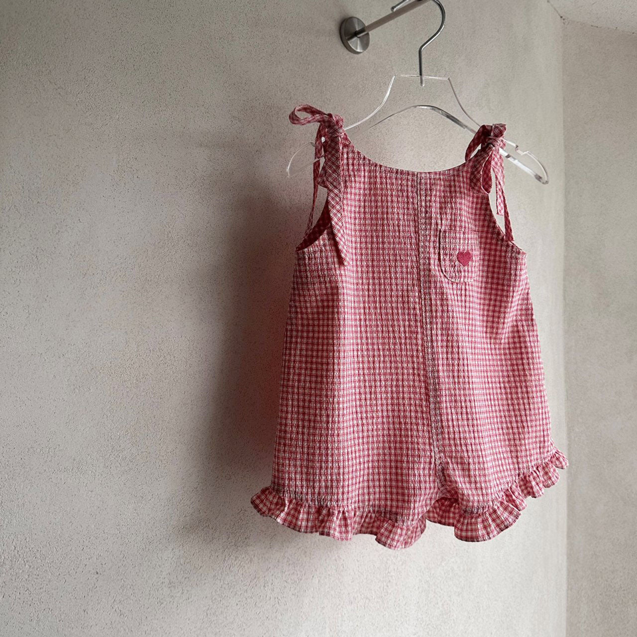 Toddler SS26 Tie Shoulder Heart Embroidery Ruffle Hem Shortalls (1-5y) - 2 Colors kids outfit