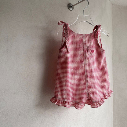 Toddler SS26 Tie Shoulder Heart Embroidery Ruffle Hem Shortalls (1-5y) - 2 Colors kids outfit