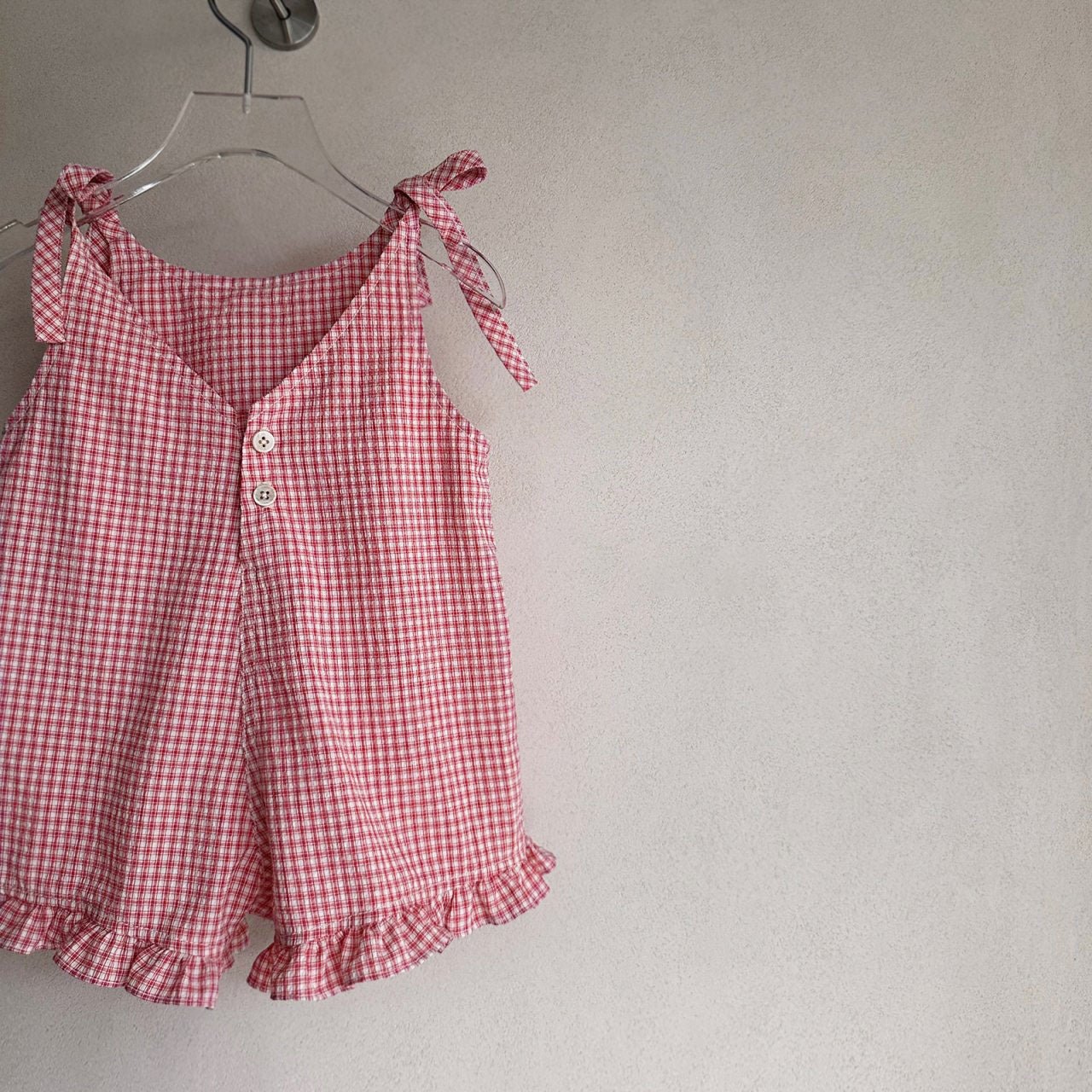 Toddler SS26 Tie Shoulder Heart Embroidery Ruffle Hem Shortalls (1-5y) - 2 Colors kids outfit