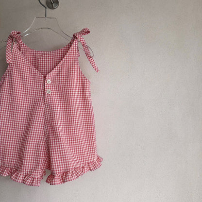 Toddler SS26 Tie Shoulder Heart Embroidery Ruffle Hem Shortalls (1-5y) - 2 Colors kids outfit