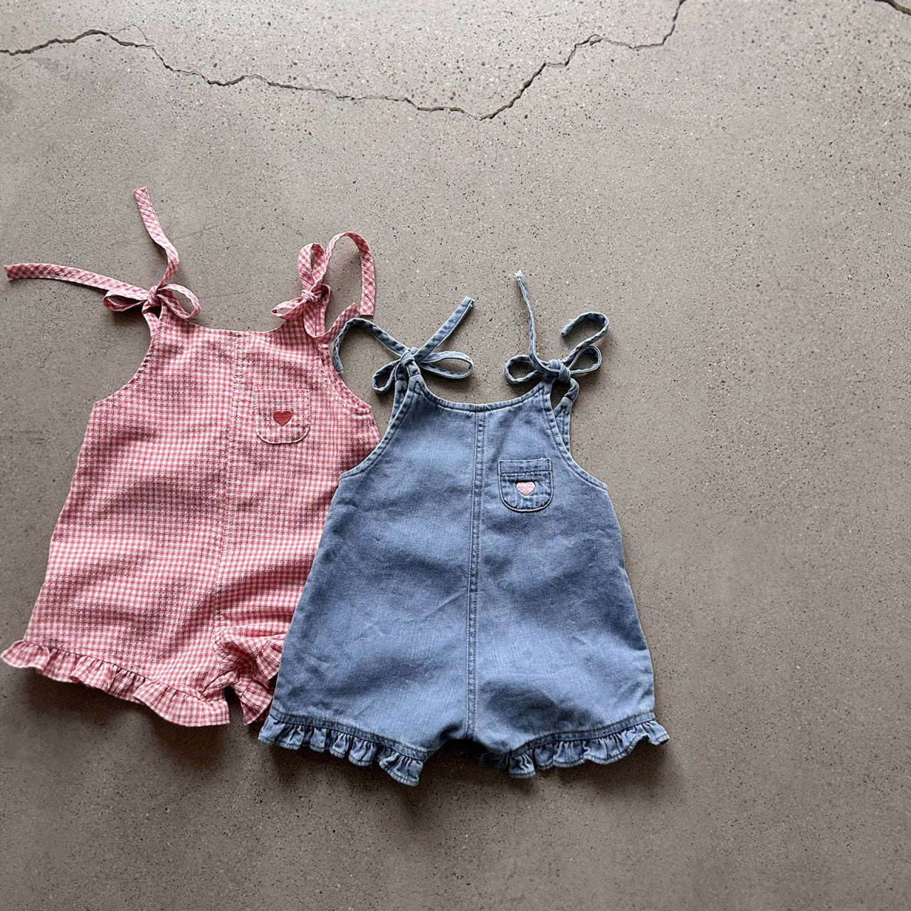Toddler SS26 Tie Shoulder Heart Embroidery Ruffle Hem Shortalls (1-5y) - 2 Colors kids outfit
