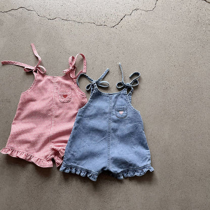Toddler SS26 Tie Shoulder Heart Embroidery Ruffle Hem Shortalls (1-5y) - 2 Colors kids outfit