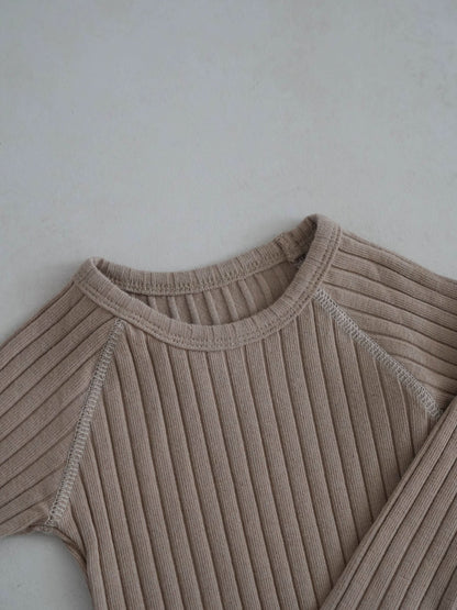 Toddler Stitch Detail Ribbed Top and Pants Set (1 - 6y) - Beige kids outfit