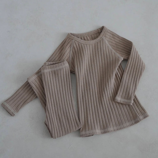 Toddler Stitch Detail Ribbed Top and Pants Set (1 - 6y) - Beige kids outfit