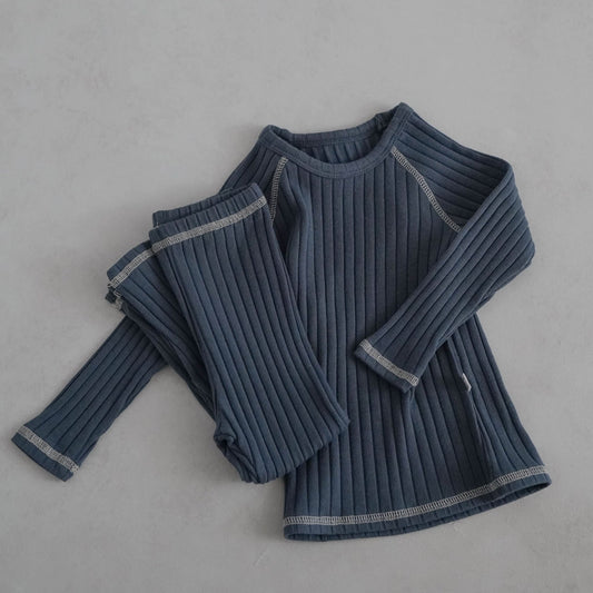 Toddler Stitch Detail Ribbed Top and Pants Set (1 - 6y) - Blue kids outfit