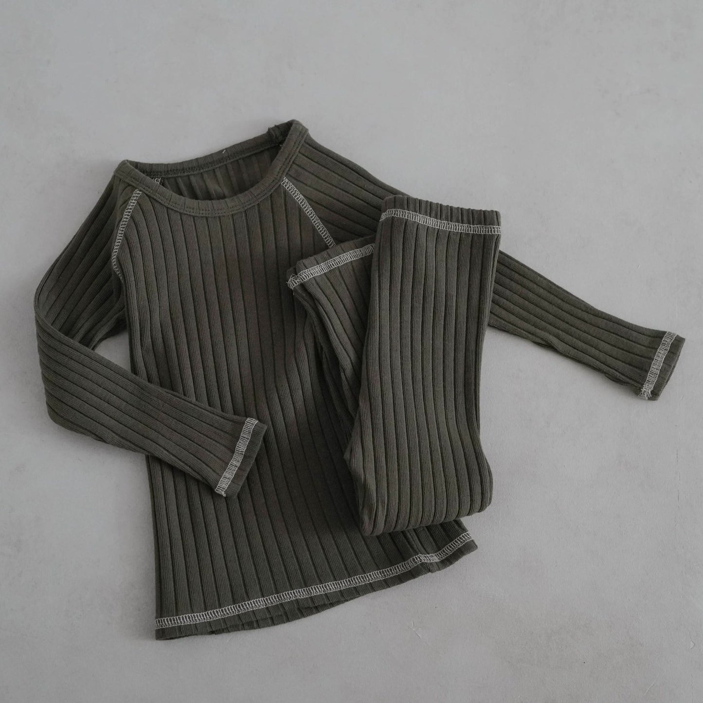 Toddler Stitch Detail Ribbed Top and Pants Set (1 - 6y) - Olive kids outfit
