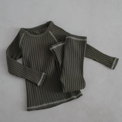 Toddler Stitch Detail Ribbed Top and Pants Set (1 - 6y) - Olive kids outfit