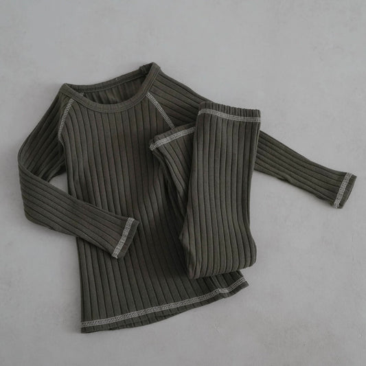 Toddler Stitch Detail Ribbed Top and Pants Set (1 - 6y) - Olive kids outfit
