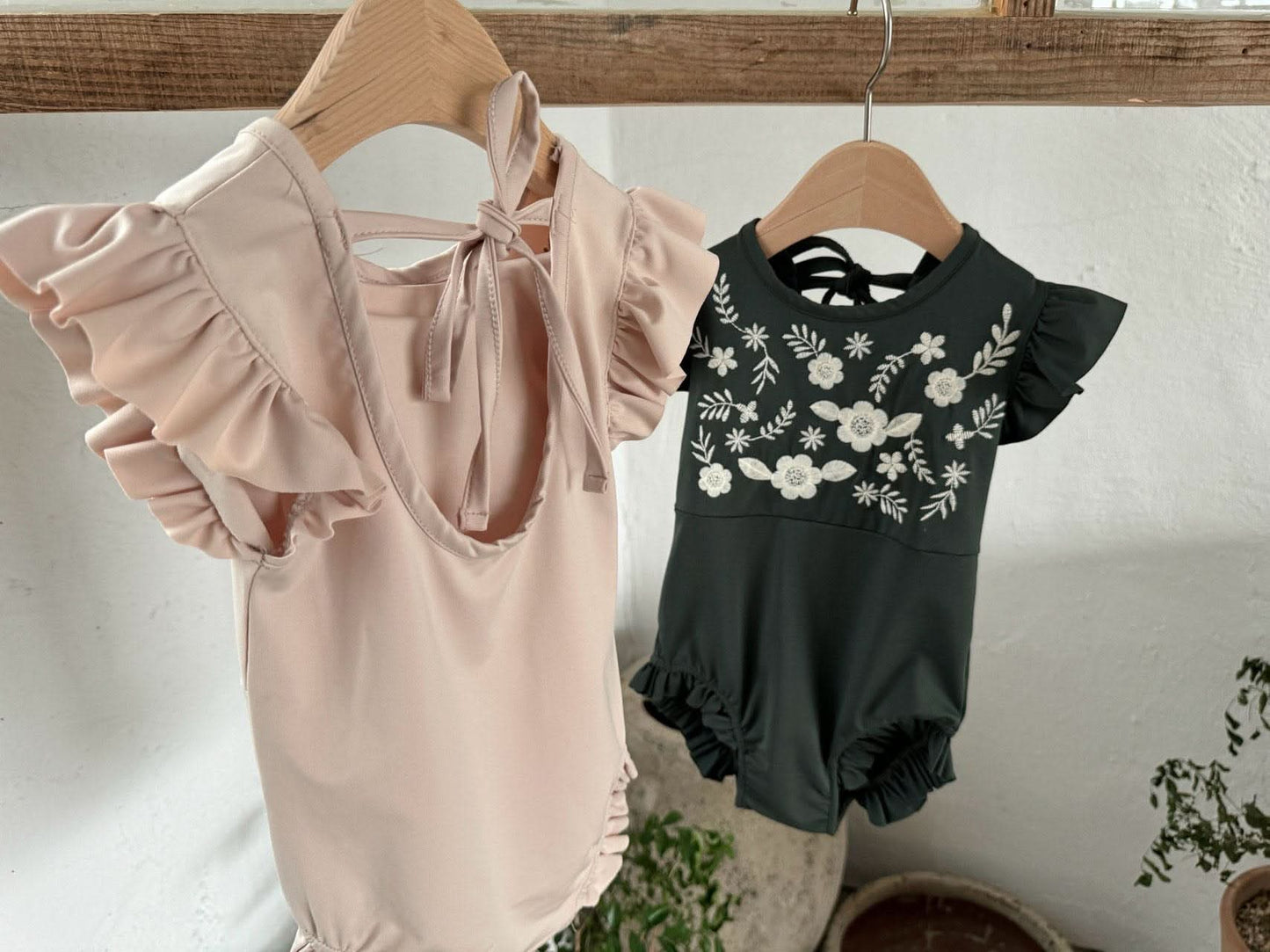 Toddler Susu Floral Embroidery Yoke Ruffle Sleeve One - Piece Swimsuit (1 - 6y) - 2 Colors kids outfit