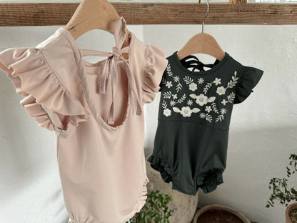 Toddler Susu Floral Embroidery Yoke Ruffle Sleeve One - Piece Swimsuit (1 - 6y) - 2 Colors kids outfit