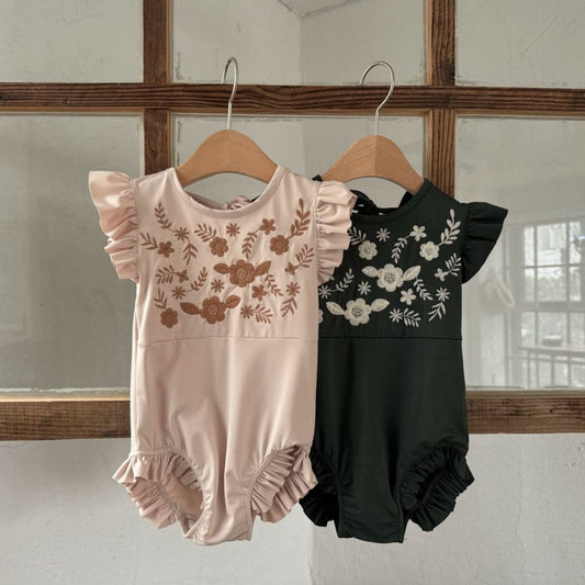 Toddler Susu Floral Embroidery Yoke Ruffle Sleeve One - Piece Swimsuit (1 - 6y) - 2 Colors kids outfit