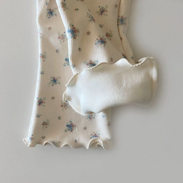 Toddler W24 Brushed Cotton Lettuce - edge Floral Flare Pants (1 - 6y) - Floral lvory kids outfit