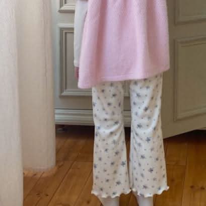 Toddler W24 Brushed Cotton Lettuce - edge Floral Flare Pants (1 - 6y) - Floral lvory kids outfit