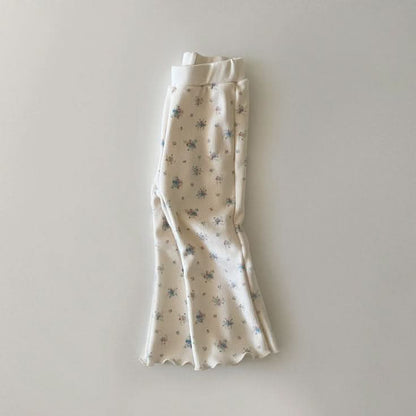 Toddler W24 Brushed Cotton Lettuce - edge Floral Flare Pants (1 - 6y) - Floral lvory kids outfit