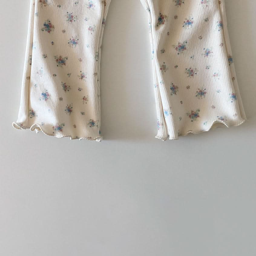 Toddler W24 Brushed Cotton Lettuce - edge Floral Flare Pants (1 - 6y) - Floral lvory kids outfit