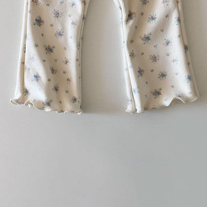Toddler W24 Brushed Cotton Lettuce - edge Floral Flare Pants (1 - 6y) - Floral lvory kids outfit