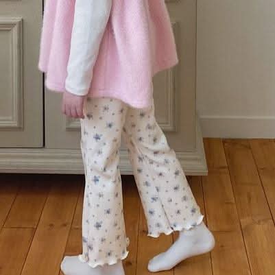 Toddler W24 Brushed Cotton Lettuce - edge Floral Flare Pants (1 - 6y) - Floral lvory kids outfit