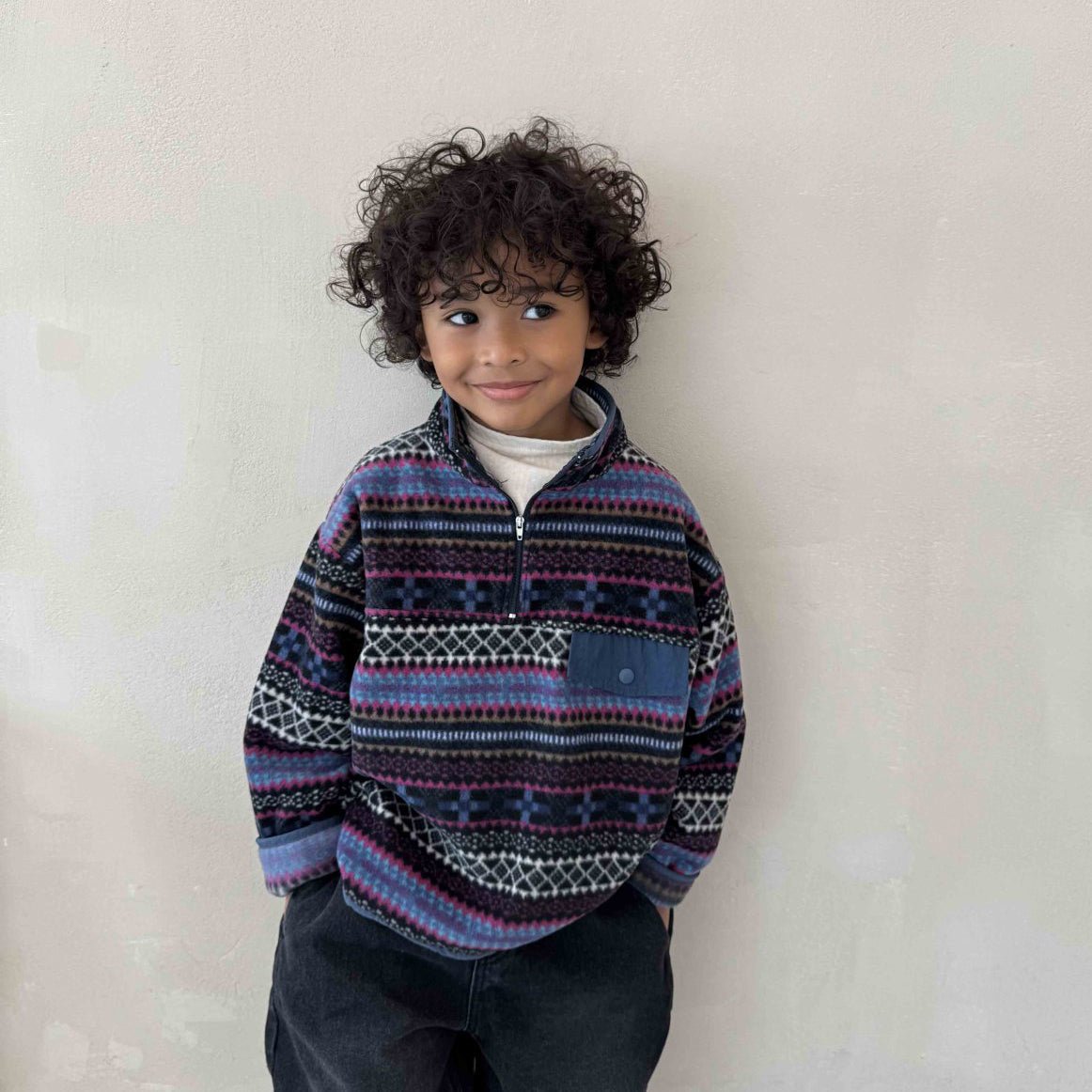 Toddler W25 Fair Isle Fleece Half Zip Mock Neck Top (3 - 10y) - 2 Colors kids outfit