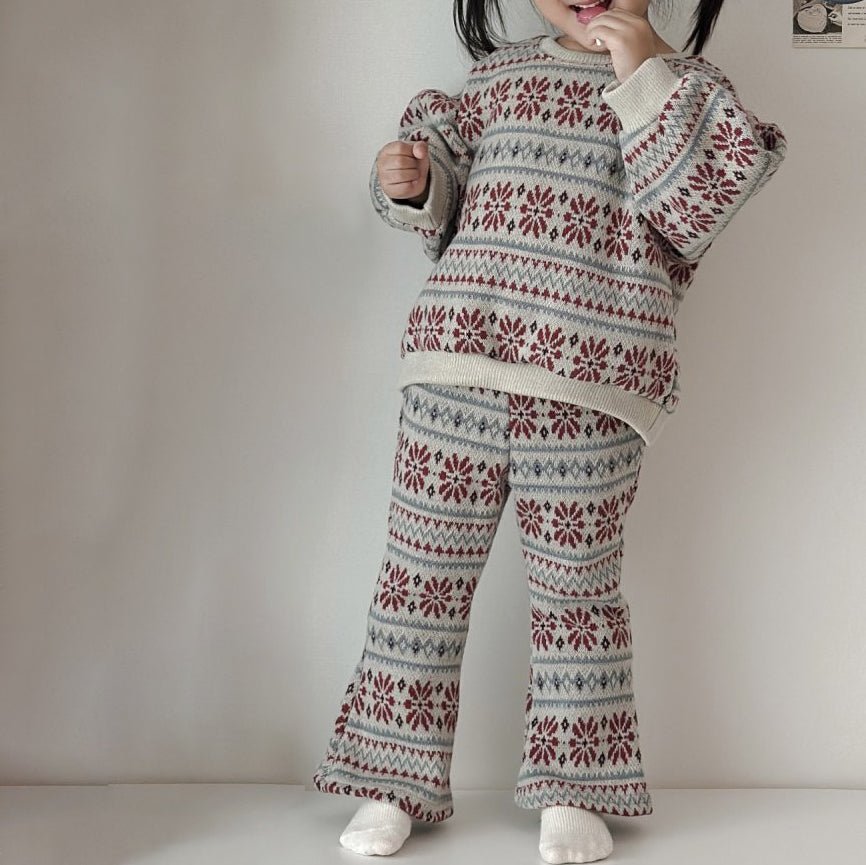 Toddler W25 Fair Isle Jacquard Puff Sleeve Sweater & Flare Pants Set (15m - 7y) - Oatmeal kids outfit