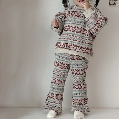 Toddler W25 Fair Isle Jacquard Puff Sleeve Sweater & Flare Pants Set (15m - 7y) - Oatmeal kids outfit
