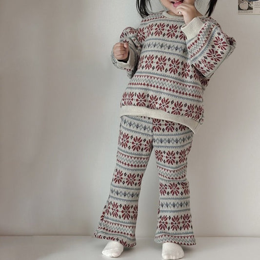 Toddler W25 Fair Isle Jacquard Puff Sleeve Sweater & Flare Pants Set (15m - 7y) - Oatmeal kids outfit