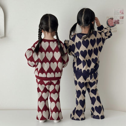 Toddler W25 Heart Jacquard Puff Sleeve Sweater & Flare Pants Set (15m - 7y) - 2 Colors kids outfit
