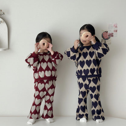 Toddler W25 Heart Jacquard Puff Sleeve Sweater & Flare Pants Set (15m - 7y) - 2 Colors kids outfit