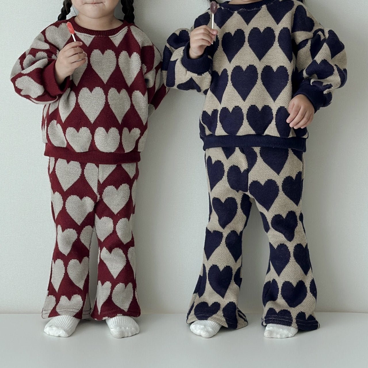 Toddler W25 Heart Jacquard Puff Sleeve Sweater & Flare Pants Set (15m - 7y) - 2 Colors kids outfit